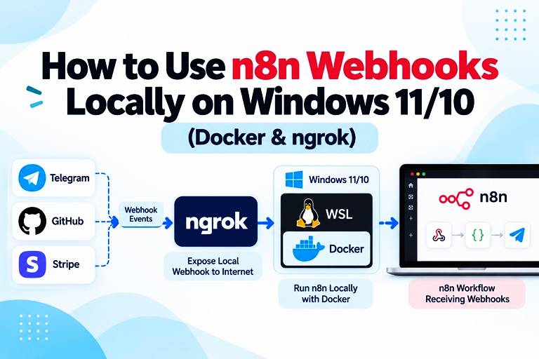 Diagram showing an n8n webhooks locally exposed to the internet through an ngrok tunnel on Windows